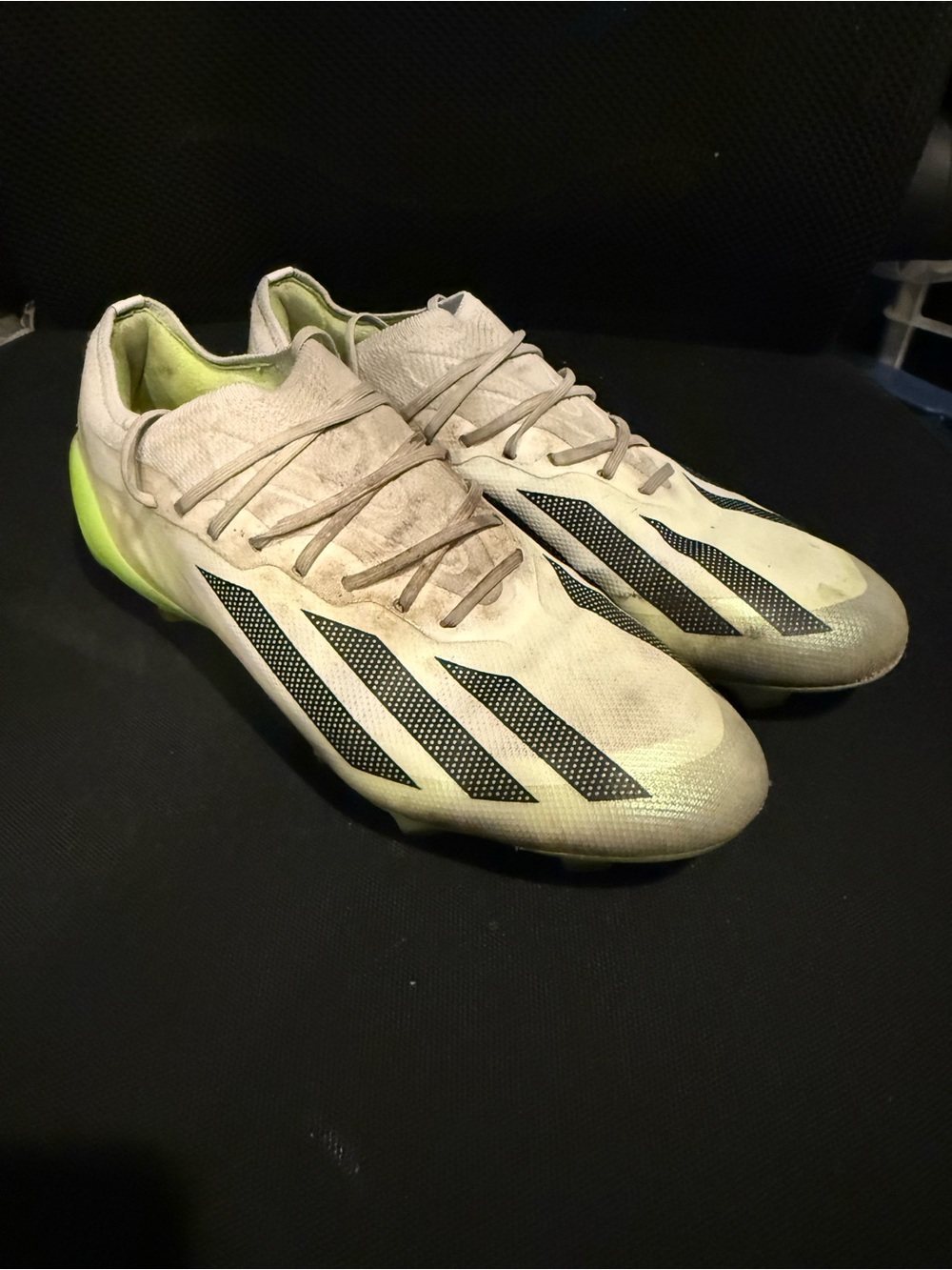 adidas White Soccer Cleats with Neon Yellow Accent and Black Stripes